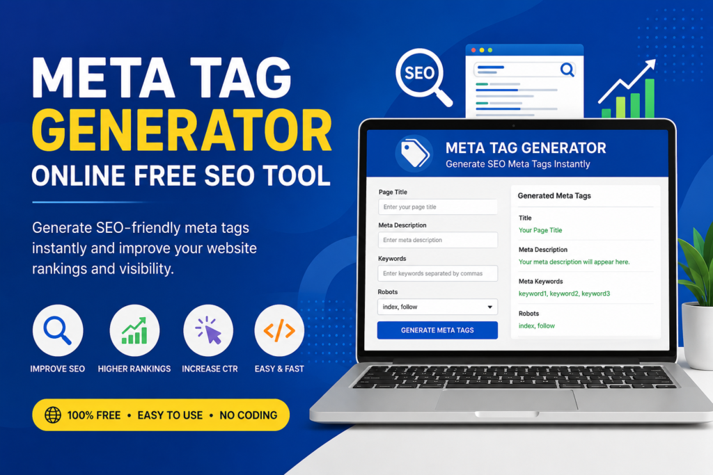 Meta Tag Generator Online Free SEO Tool interface for generating SEO meta titles and descriptions instantly