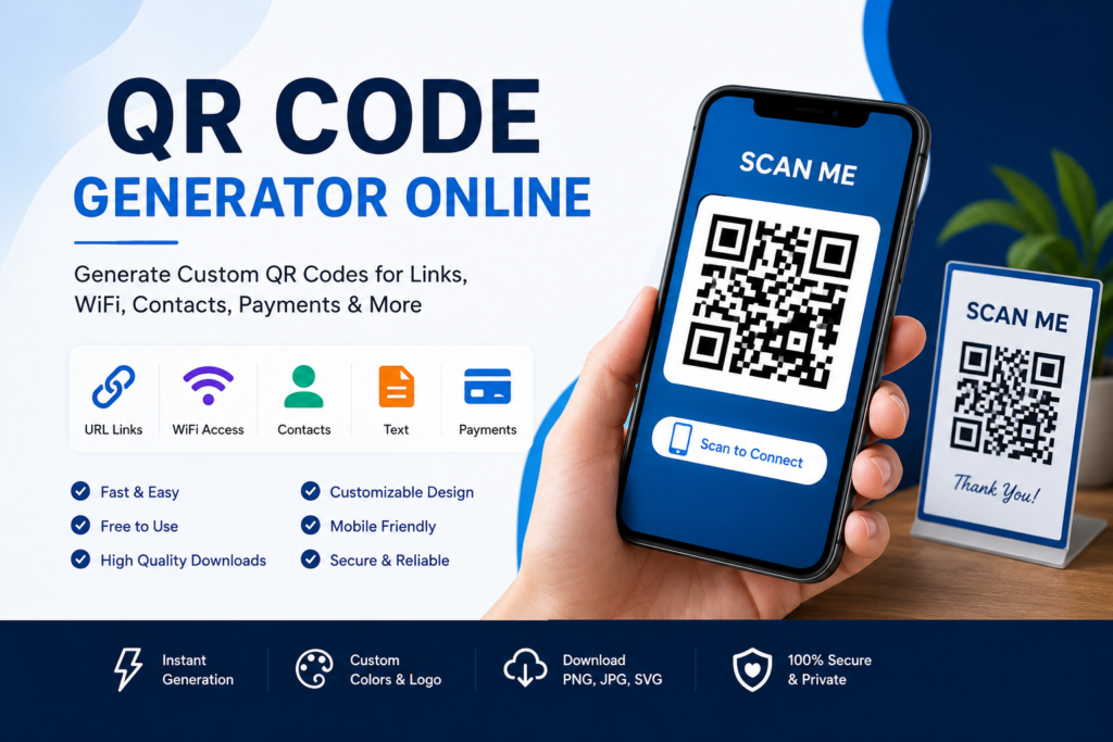 Professional featured image showing a QR Code Generator Online tool with smartphone QR scan interface, WiFi, links, contacts, payments, and custom QR code creation features.