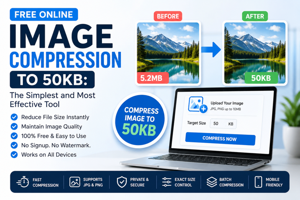 Professional featured image showing free online image compression tool that reduces image size from 5.2MB to 50KB while maintaining quality, with upload interface and compression features.