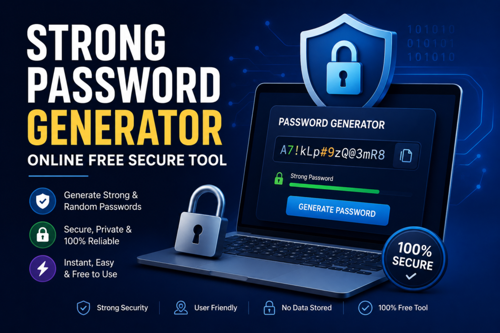 Professional strong password generator online free secure tool interface with laptop, security shield, lock icons, and random password generation screen.