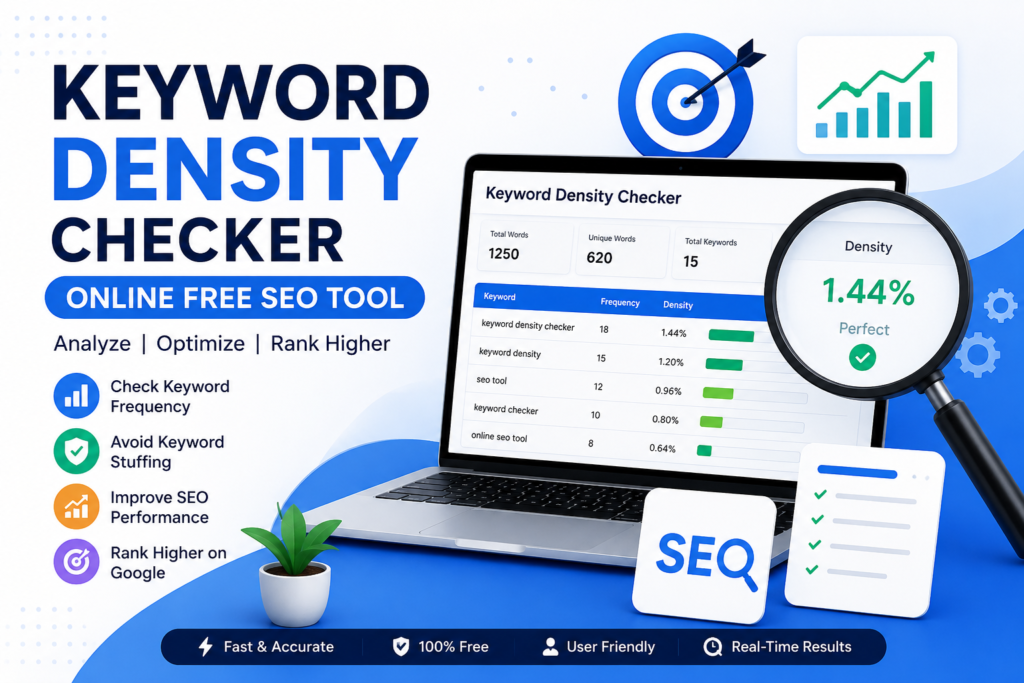 Keyword Density Checker Online Free SEO Tool interface showing keyword frequency analysis, SEO optimization dashboard, and keyword density percentage checker.