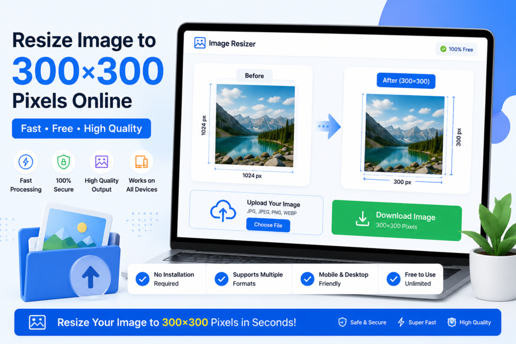 Online tool interface showing image resized to 300x300 pixels with before and after preview