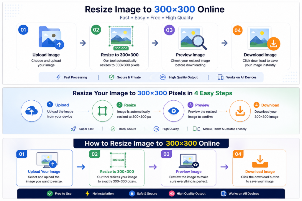 Step-by-step infographic showing how to upload, resize, preview, and download a 300x300 pixel image online