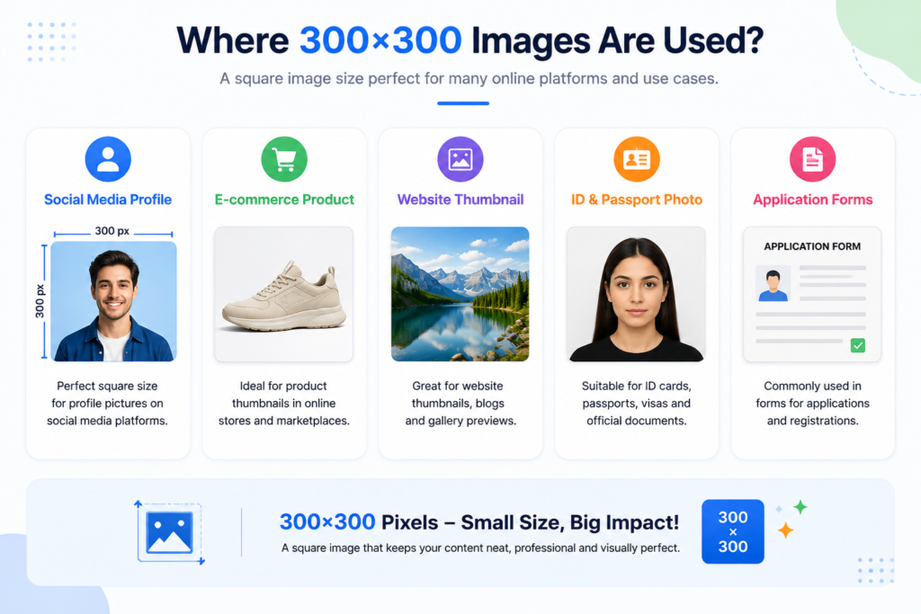 Infographic showing common uses of 300x300 pixel images including social media profiles, website thumbnails, ecommerce products, ID photos, and application forms