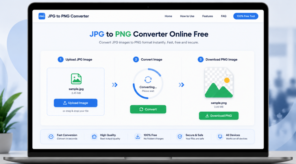 Online tool dashboard for converting JPG images into PNG format
