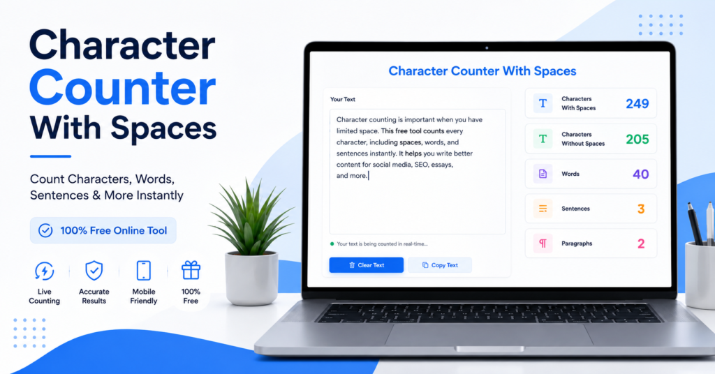 Modern character counter with spaces online free tool displayed on laptop screen showing live character, word, sentence, and paragraph counts.