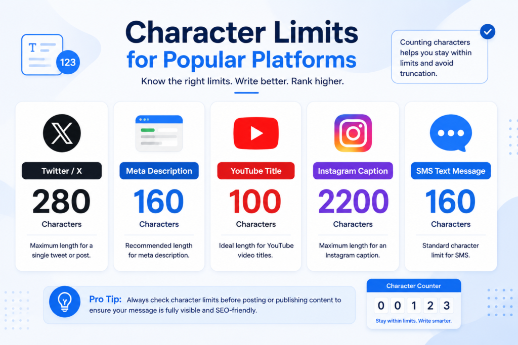 Infographic showing character limits for Twitter/X posts, meta descriptions, YouTube titles, Instagram captions, and SMS text messages.