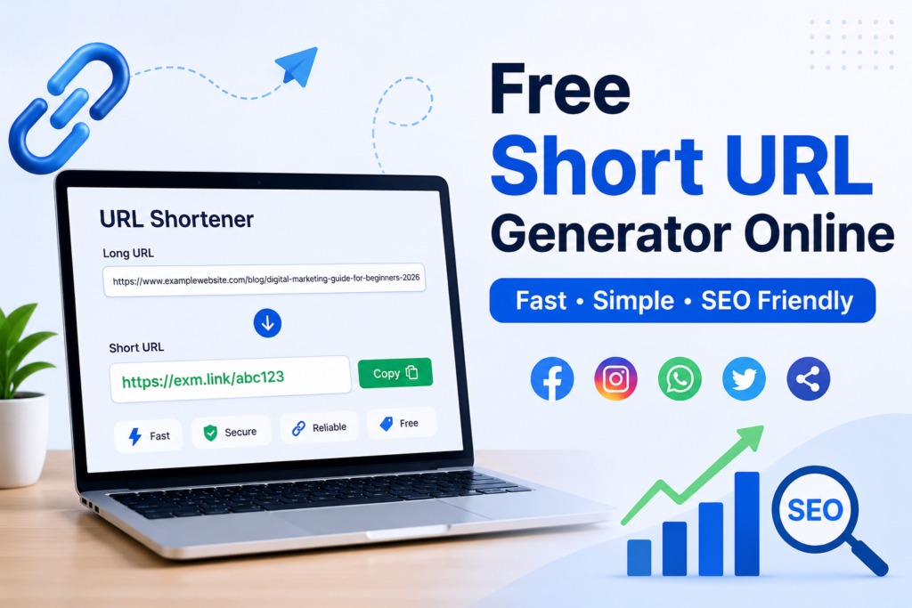 Free Short URL Generator Online tool showing long URL to short URL conversion with SEO and social sharing icons