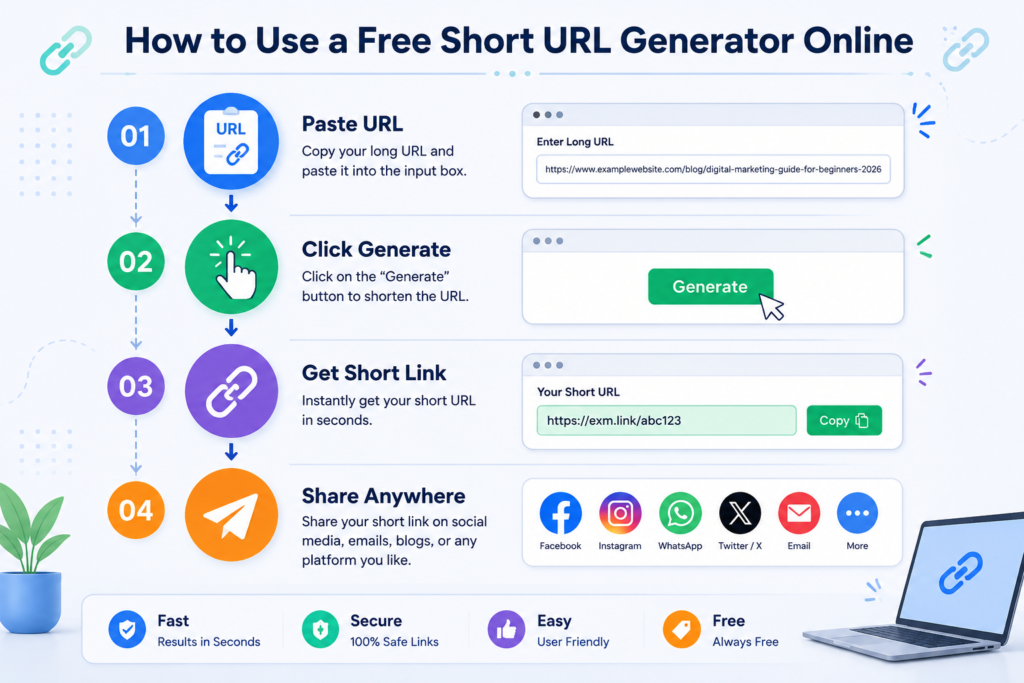 Step by step guide showing how to use a free short URL generator online to create short links
