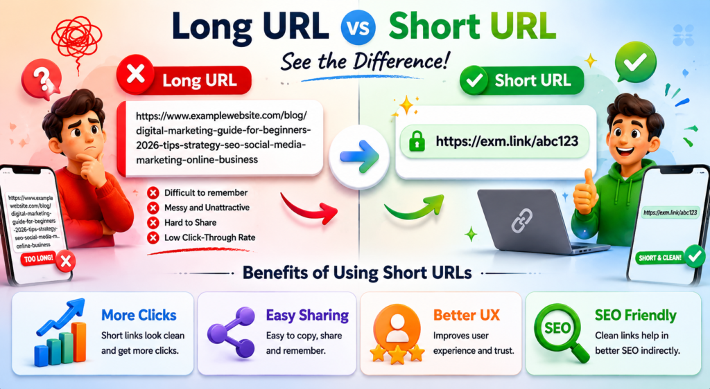 Long URL vs short URL comparison showing benefits like more clicks easy sharing better UX and SEO